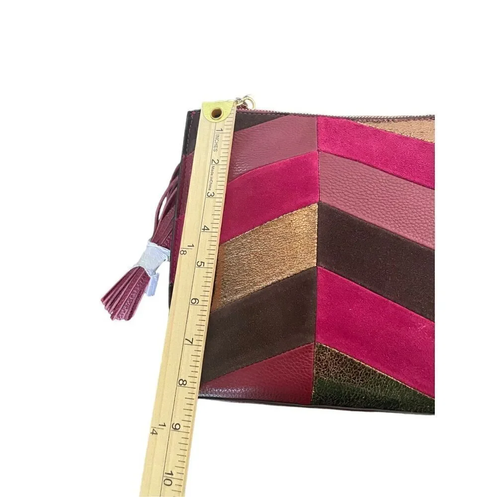 NWT Sam Edelman Chevron Suede Leather Patchwork Fringe Clutch Red/ Brown - Picture 4 of 15